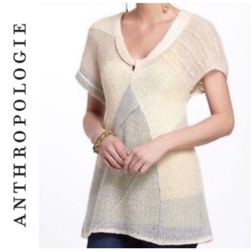 Anthropologie Far Away From Close M Mixed Patchwork Sweater Ivory Short Sleeve